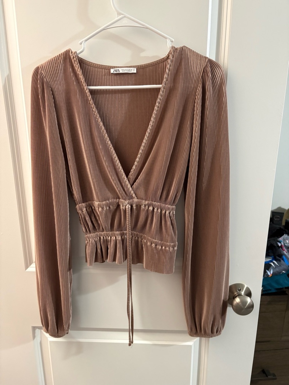 Zara Dusty Taupe Pleated Wrap Blouse